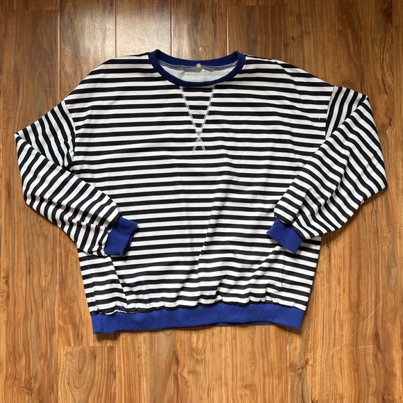 Tops - Striped Black and White Sweater with Blue Accents